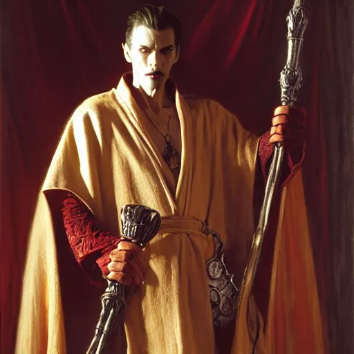 Image similar to perfectly centered portrait of attractive vampire king in a robe sitting on a throne of bones, highly detailed painting by gaston bussiere, craig mullins, j. c. leyendecker, 8 k
