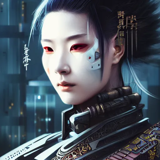 Image similar to portrait of a female cyberpunk samurai, black armored armor, at futuristic cyberpunk tokyo night, ssci - fi and fantasy, intricate and very very very beautiful, highly detailed, digital painting, artstation, concept art, smooth and sharp focus, illustration, art by tian zi and wlop and alphonse mucha