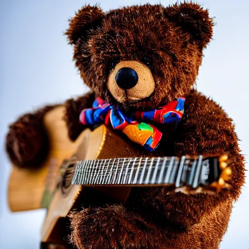 Image similar to a photograph of a teddybear, he is holding a guitar, vivid color, 50mm, depth of field