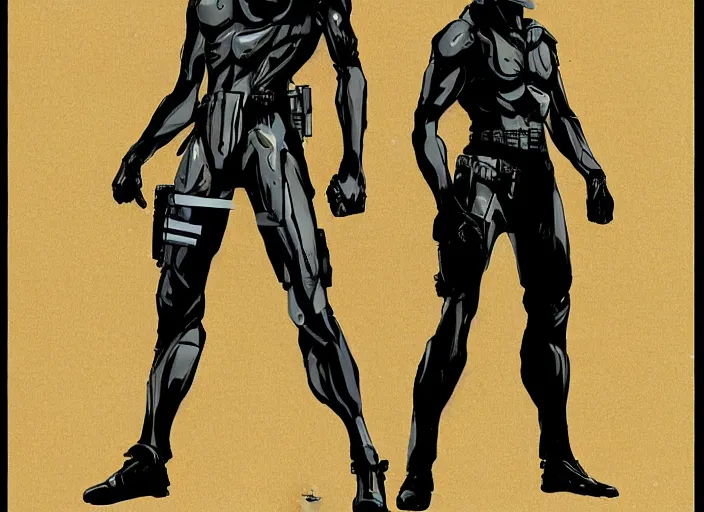 Image similar to character design sheet illustrated by yoji shinakawa, metal gear solid, anthromorphic orange man wearing a black suit
