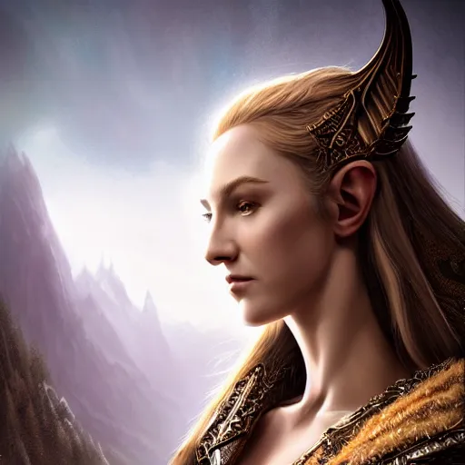 Image similar to Majestic and regal portrait of a riveting and awe inspiring female High Elf nobility, fantasy mountainous background, intricate, epic, elegant, menacing, fantasy, photo realistic, digital matte painting, hard focus, beautiful volumetric lighting, epic light, ultra detailed, by Leesha Hannigan, Ross Tran, Thierry Doizon, Kai Carpenter, Ignacio Fernández Ríos