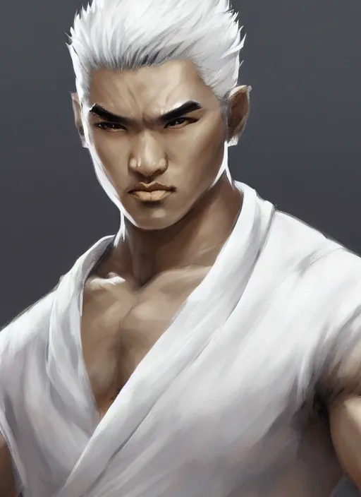 Prompt: a highly detailed illustration of fierce asian man with short white hair parted down middle, wearing white kimono with black shirt, with black sclera eyes, heroically battle posing, muscular, intricate, elegant, highly detailed, centered, digital painting, artstation, concept art, smooth, sharp focus, league of legends concept art, WLOP