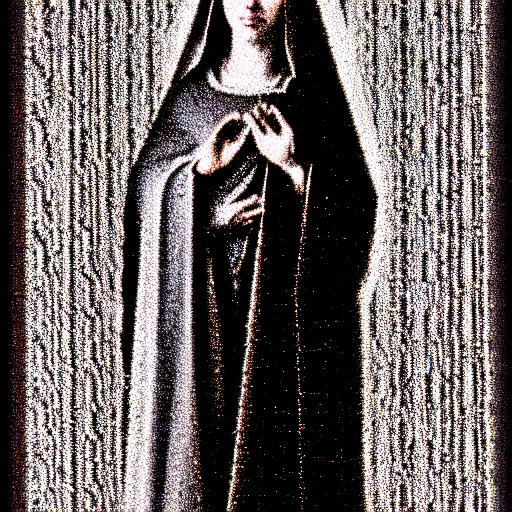 Image similar to vhs static overlay of marian apparition, vhs, 1 9 9 0, highly realistic, highly detailed, vhs noise static, black and white, vhs glitch