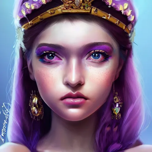 Prompt: ilyana vyulnika as a young princess with purple skin, shiny eyes, lipgloss, portrait, closeup, cute freckles, dramatic soft lighting, gloss effects, and exaggerated proportions, digital art by julia razumova and mel milton, trending on artstation, 4 k high quality