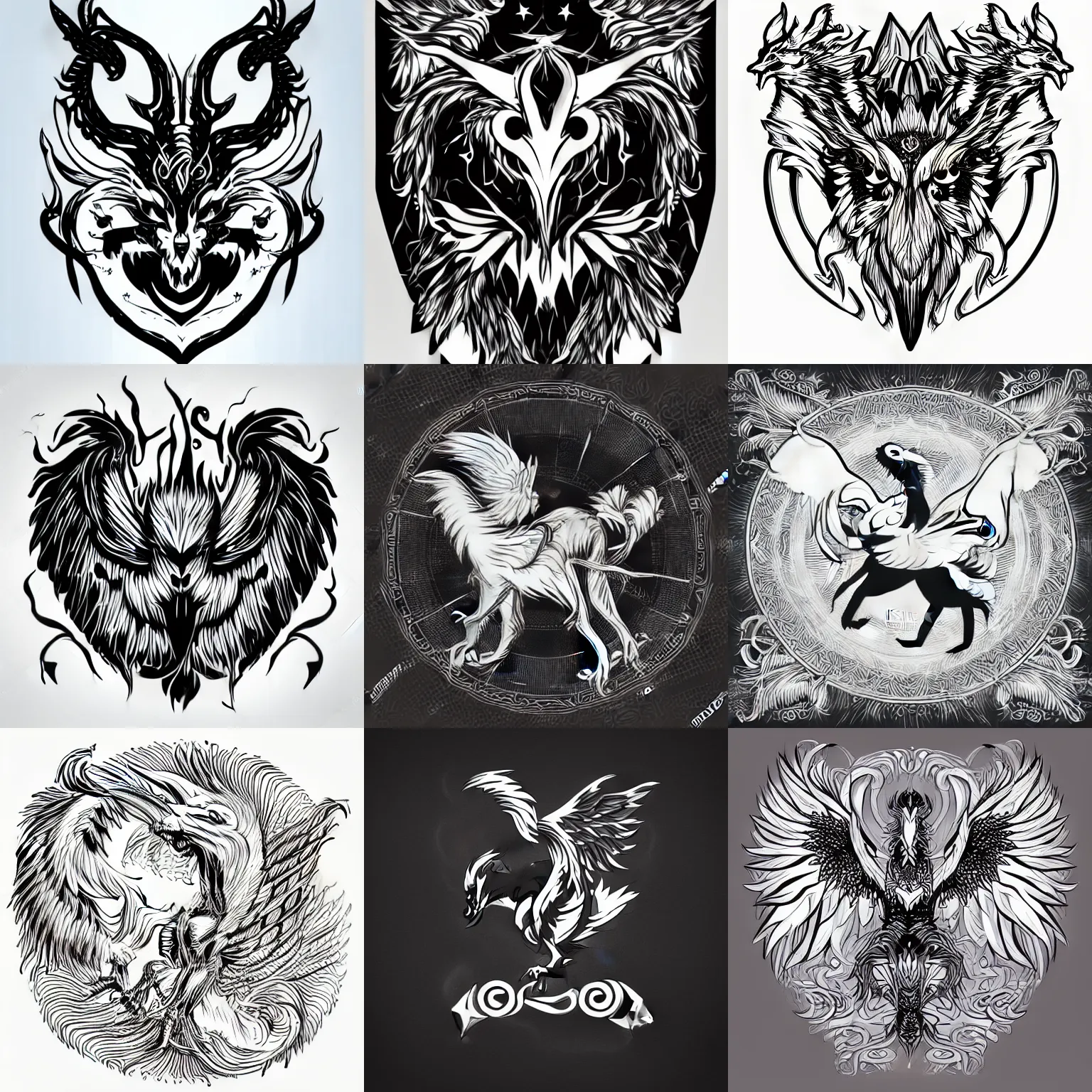 Prompt: mythical creature, griffin-like style, 2d solid shape logo, clean and neat, black and white color only, vector art