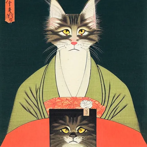 Image similar to beautiful portrait ukiyo - e painting of an ginger maine coon by kano hideyori, kano tan'yu, kaigetsudo ando, miyagawa choshun, okumura masanobu, kitagawa utamaro