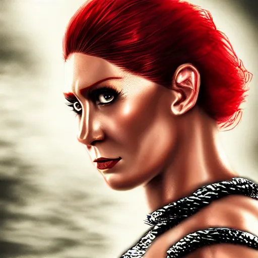 Image similar to hyper realistic photo of red sonja portrait, cinematic