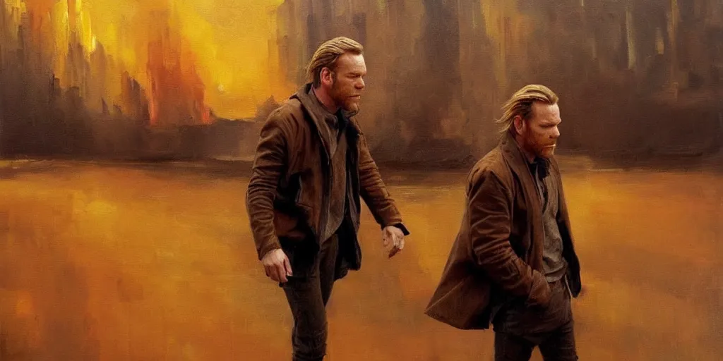 Image similar to we see ewan mcgregor from side. atmospheric feeling, warm colours, brown colours, yellow colours, epic scene, cinematic, very detailed, oil painting