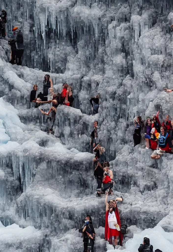 Image similar to pregnant woman at the top making an epic speech to a proud of warrior crowd hearing from bellow, ice cave, facinating, epic, masterpiece