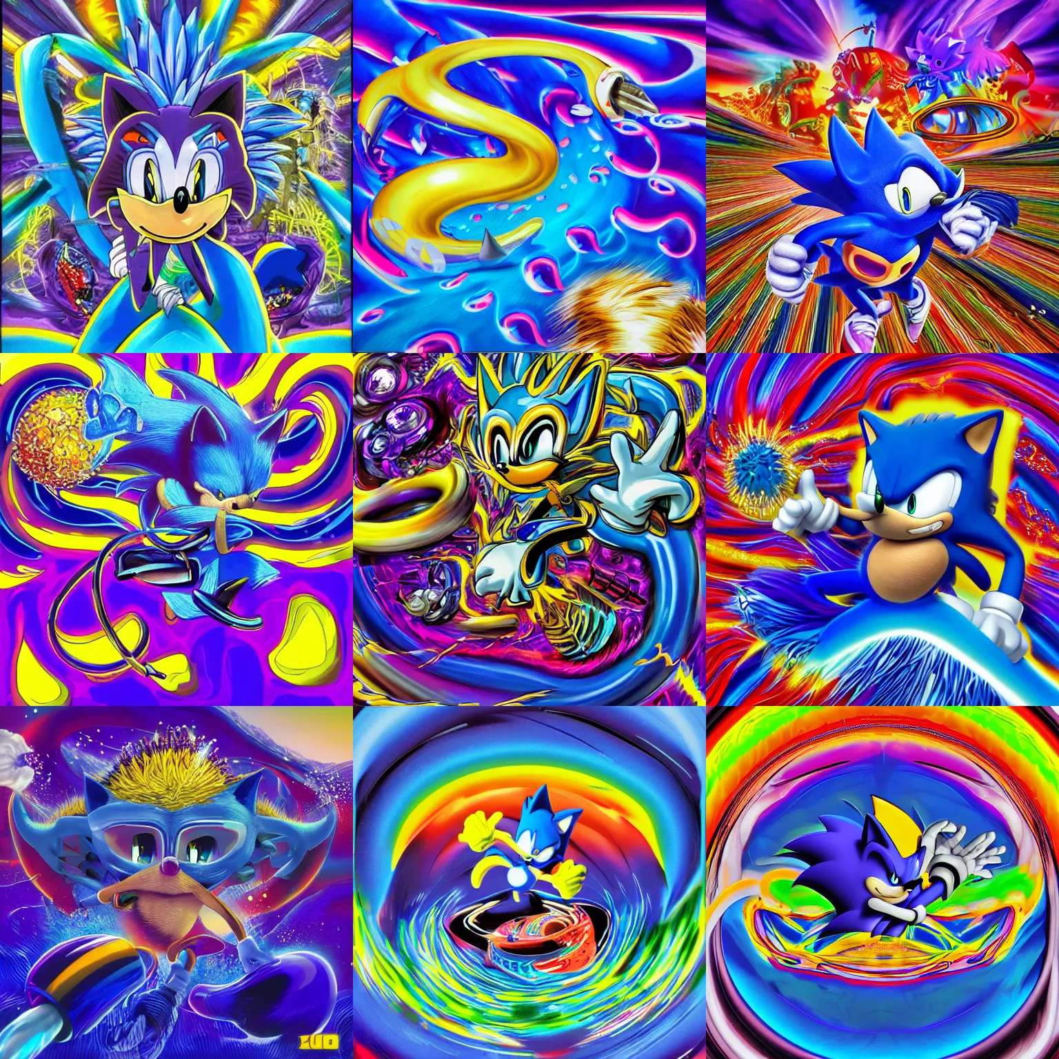 Prompt: surreal, sonic hedgehog, sharp, lowbrow, detailed professional, high quality airbrush art MGMT album cover of a liquid dissolving LSD DMT blue sonic the hedgehog surfing through cyberspace, purple rings background, rings, 1990s 1992 acid house techno Sega Genesis video game album cover