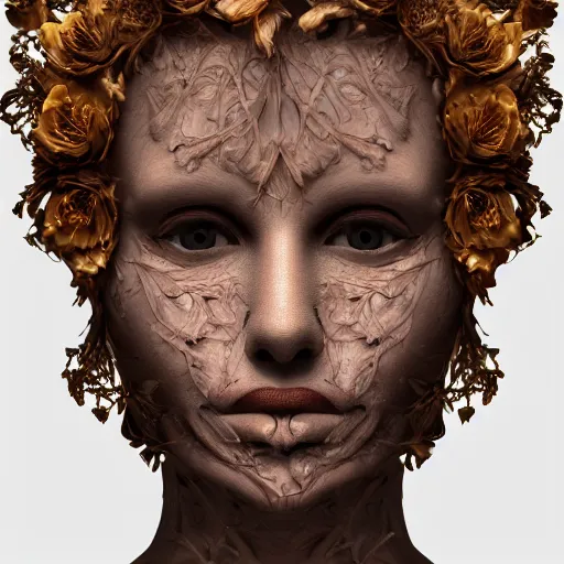 Image similar to beatifull frontal face portrait of a woman, 150 mm, anatomical, flesh, flowers, mandelbrot fractal, facial muscles, veins, arteries, symmetric, intricate, golden ratio, full frame, microscopic, elegant, highly detailed, ornate, ornament, sculpture, elegant , luxury, beautifully lit, ray trace, octane render in the style of peter Gric , alex grey and Romero Ressendi