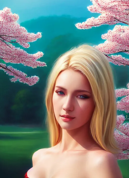 Image similar to photo of a gorgeous blonde female in the style of stefan kostic, realistic, half body shot, sharp focus, 8 k high definition, insanely detailed, intricate, elegant, art by stanley lau and artgerm, extreme blur cherry blossoms background