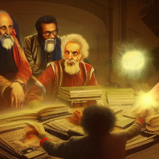 Prompt: Sokrates, Platon and Einstein discussing about general relativity, ultra high definition fantasy art, volumetric lighting