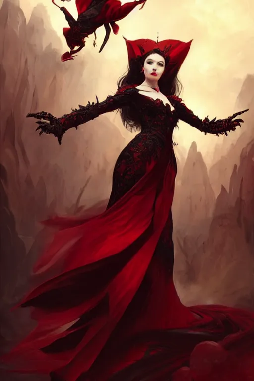 Image similar to Beautiful vampire female princess, black and red silk clothing, levitating above a pit of souls, Full body shot, D&D, fantasy, intricate, elegant, highly detailed, digital painting, artstation, concept art, matte, sharp focus, illustration, hearthstone, art by Artgerm and Greg Rutkowski and Alphonse Mucha