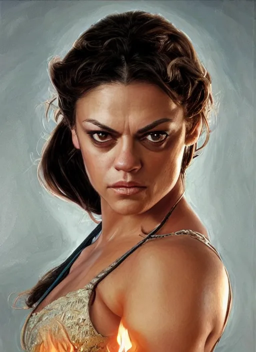 Image similar to portrait of a very muscled Mila Kunis as a heroine staring into the camera, torches and fireflies, artstation, intricate, elegant, highly detailed, art by Donato Giancola, Joseph Christian Leyendecker, WLOP, Boris Vallejo, Artgerm