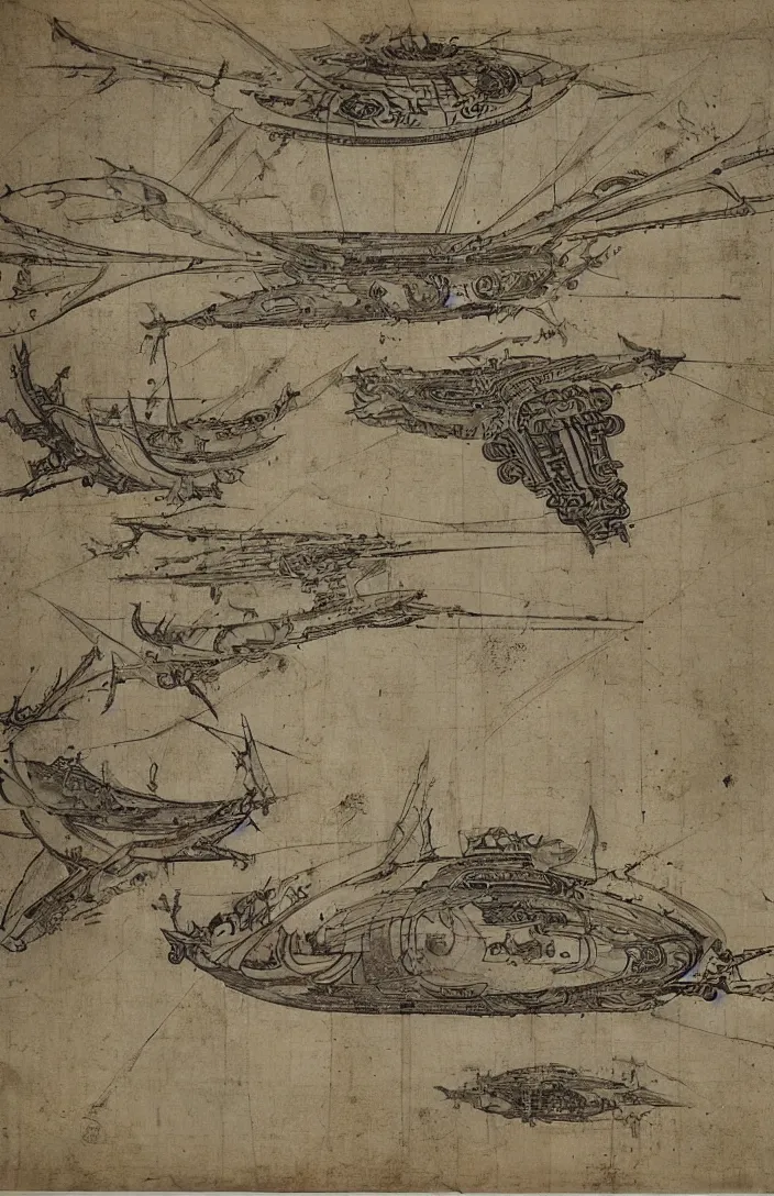 Prompt: the tang dynasty spaceship designed by leonard de vinci, parchment