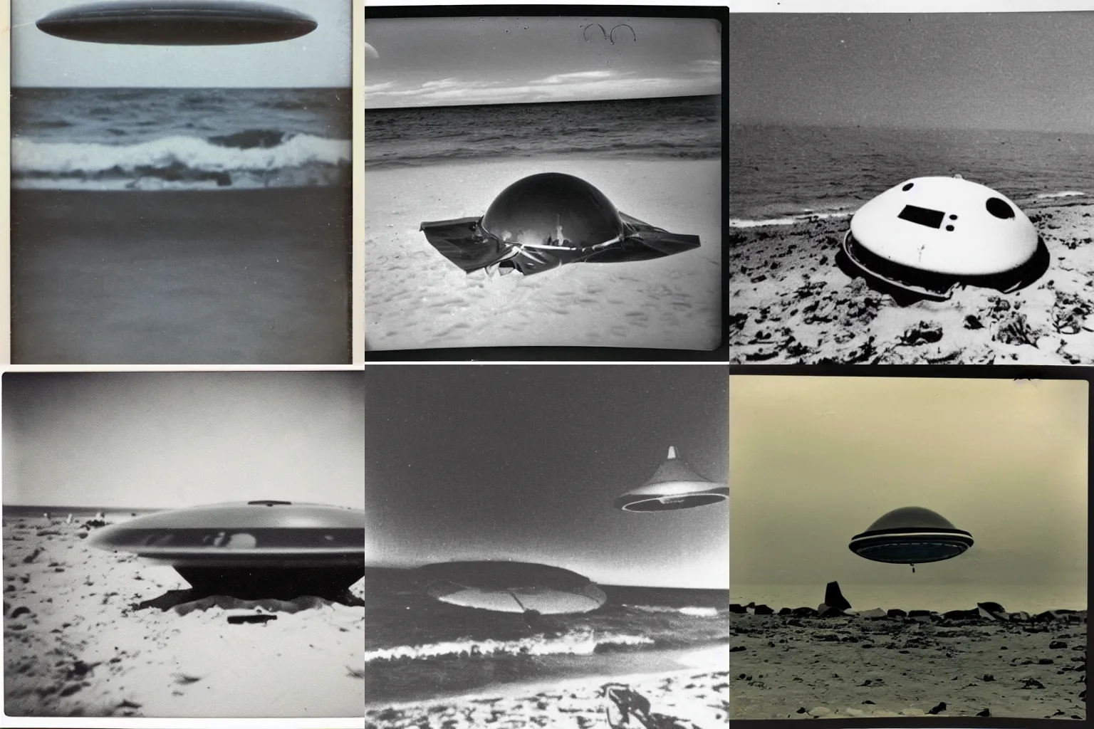 Prompt: classified 1950s polaroid photo of a UFO crashed on a beach