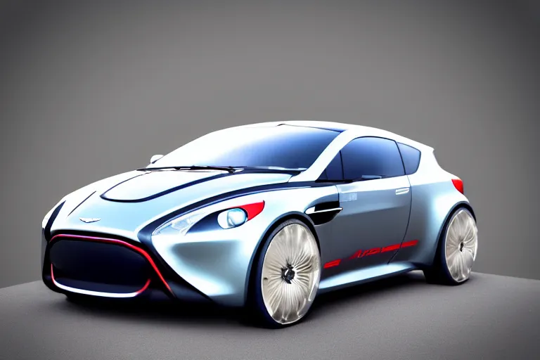 Prompt: 3 d render of an aston martin, toyota yaris electric concept car, wide angle, sharp, very detailed, high resolution, octane engine, trending on artstation, trending on instagram