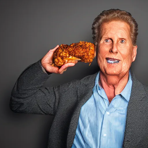 Image similar to magazine add for robert stack fried chicken wearing a trench coat unsolved mystery chicken ( sony a 7 r iv, symmetric balance, polarizing filter, photolab, lightroom, 4 k, dolby vision, photography awardm, voque, perfect face )