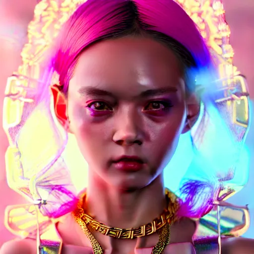 Image similar to hyperdetailed portrait of a stunningly beautiful pink cyberpunk cute girl made of metals and shiny iridescent gems, bright rainbow nimbus, gold necklace, smoke background inspired by ross tran and masamune shirow and kuvshinov, intricate, photorealistic, octane render, rtx, hdr, unreal engine, dnd digital art by artgerm