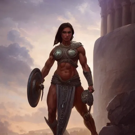Prompt: Epic portrait, an muscular female spartan, greece, akropolis, glossy skin, beauty, digital painting, artstation, concept art, soft light, hdri, smooth, sharp focus, illustration, fantasy, intricate, elegant, highly detailed, D&D, matte painting, in the style of Greg Rutkowski and Alphonse Mucha and artemisia, 8k,