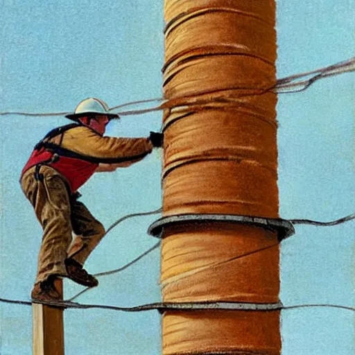 Prompt: A lineman working on a utility pole with a wasp nest on it, painting by Chris Van Allsburg