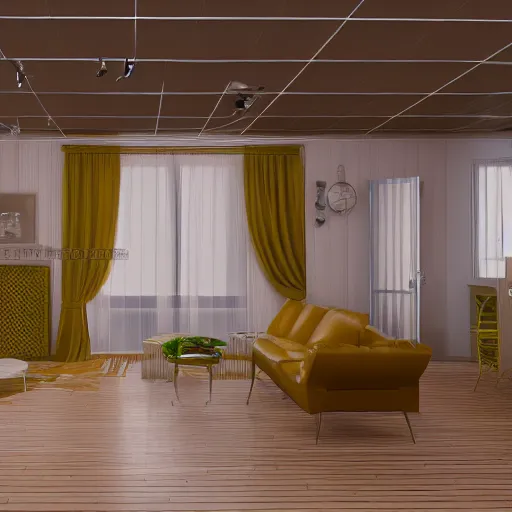 Image similar to simulated mesh render of a 70s interior with no textures, computer simulation rendered in high detail, 8K UHD