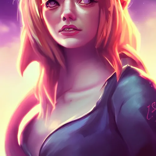 Prompt: emma stone portrait, arcane : league of legends, concept portrait, riot, game, detailed expression, high quality, cinematic lighting, fantasy, reflective, spotlight, digital artwork