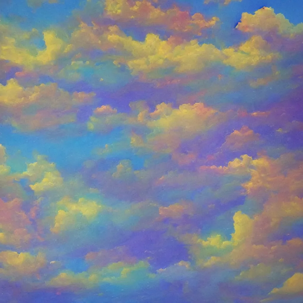 Image similar to large different coloured clouds painted in 2 inch thick!!! impasto shiny dripping oil paint