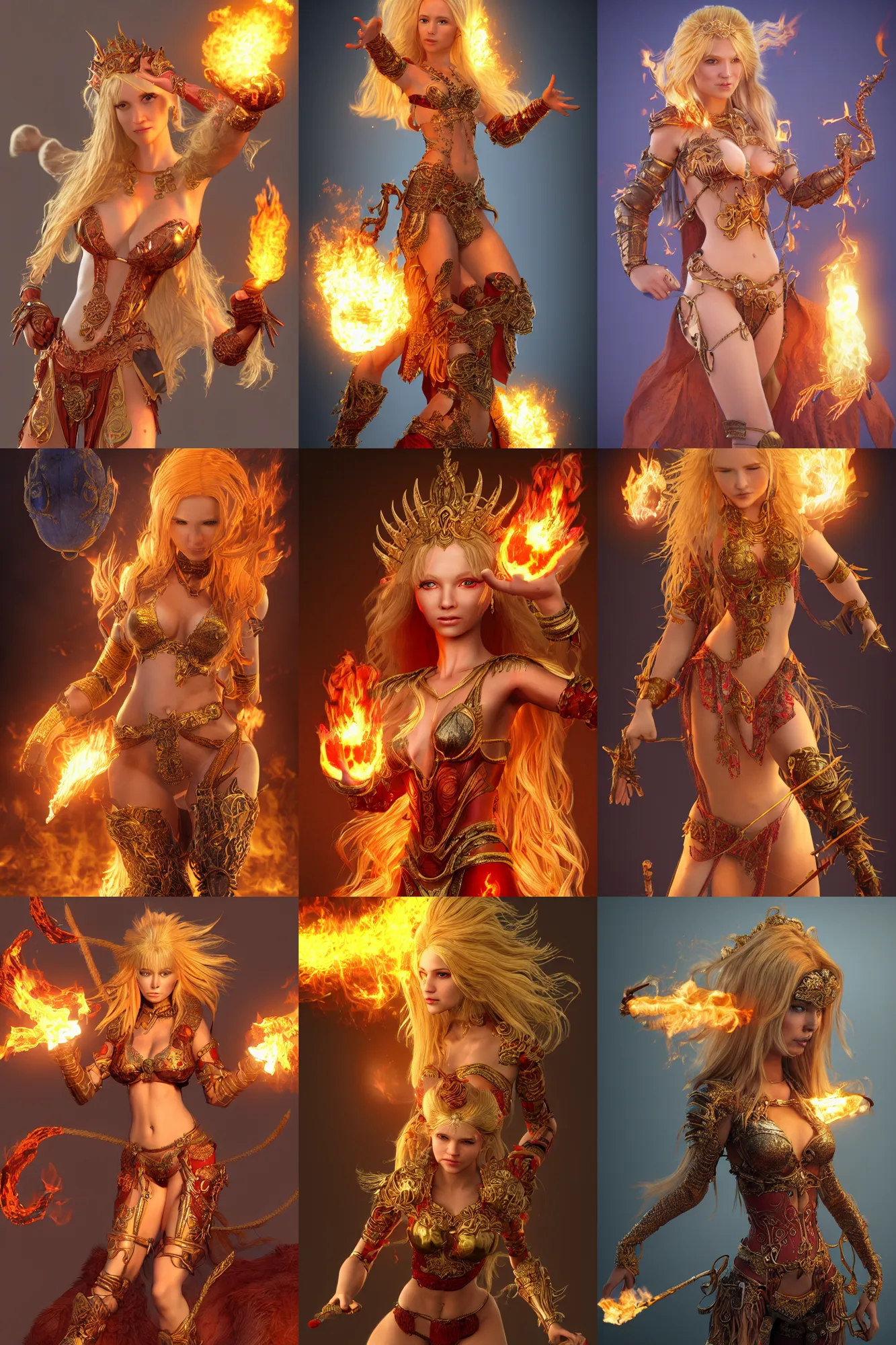 Prompt: a wlop 3 d render of very very very very highly detailed beautiful fire goddess in ornate bikini armor holding a fireball, long blonde flaming hair, illustration, sharp focus, micro detail, by anton pieck