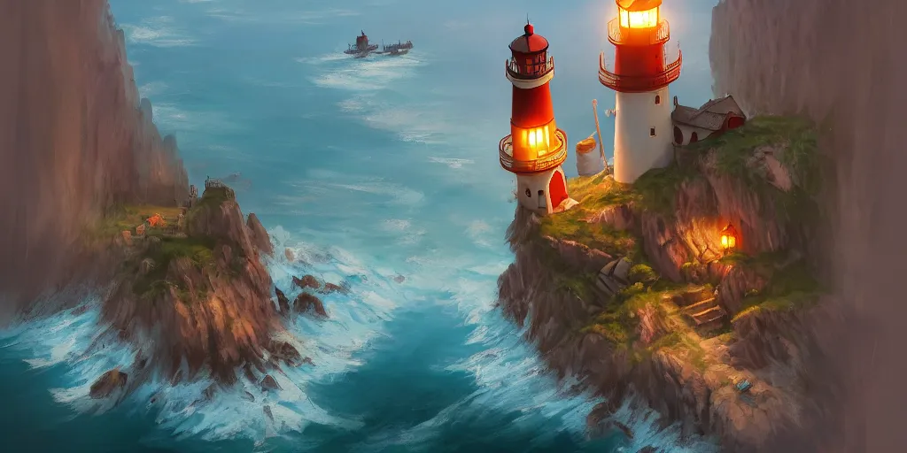 Image similar to Cozy small fantasy village on a cape with a lighthouse, fishing boats, view from above. In style of Greg Rutkowski, Jesper Ejsing, Makoto Shinkai, trending on ArtStation, fantasy, great composition, concept art, highly detailed, scenery, 8K, Behance.