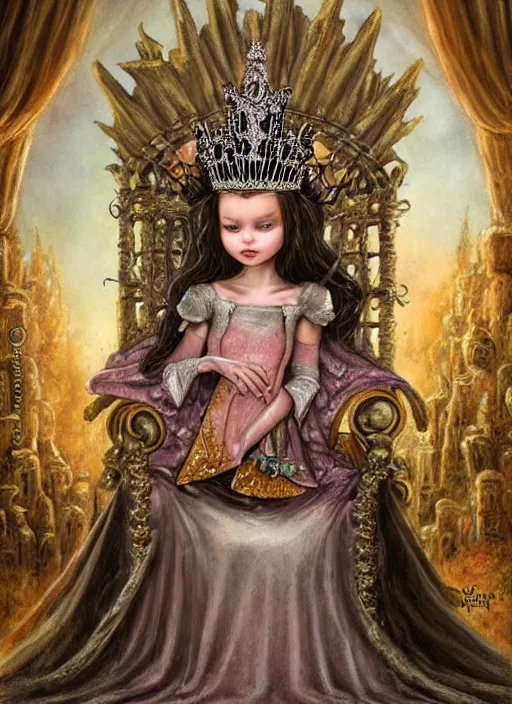 Image similar to highly detailed closeup portrait of a goth fairytale medieval princess wearing a crown and sitting on a throne, surrounded by cute medieval goblins, unreal engine, nicoletta ceccoli, mark ryden, earl norem, lostfish, global illumination, god rays, detailed and intricate environment