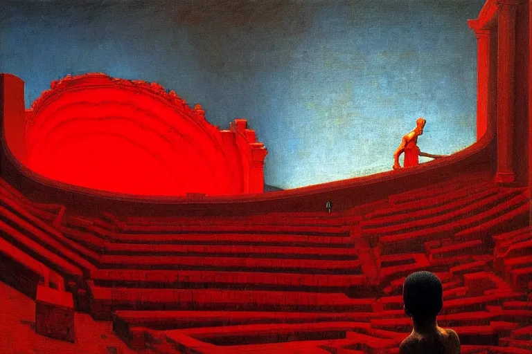 Image similar to only with red, a red melted emperor, taormina amphitheatre, crowd hails him, in the style of beksinski, parts by edward hopper, parts by rodcenko, parts by yue minjun, intricate and epic composition, red by caravaggio, insanely quality, highly detailed, masterpiece, red light, artstation, 4 k