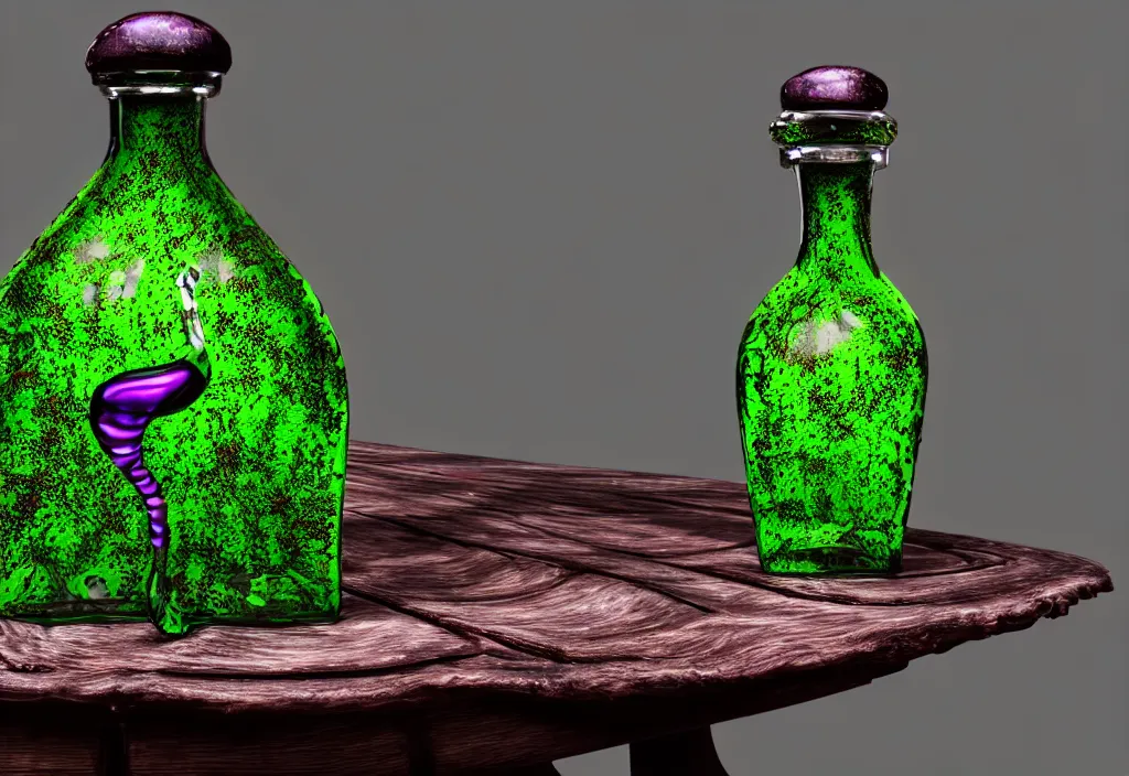 Image similar to hyper realistic and higly detailed deadly poison bottle, purple liquid inside on a design medieval wood table. the bottle is designed like a trendy perfume bottle. background is a laboratory complex architecture mossy stone pilars. professional digital art, dnd style, ultra detailed, trending on artstation, concept art, octane render, unreal engine 5, 8 k rendering.