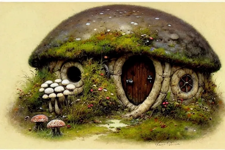 Prompt: (((((1950s flower moss and mushroom covered hobbit house . muted colors.))))) by Jean-Baptiste Monge !!!!!!!!!!!!!!!!!!!!!!!!!!!