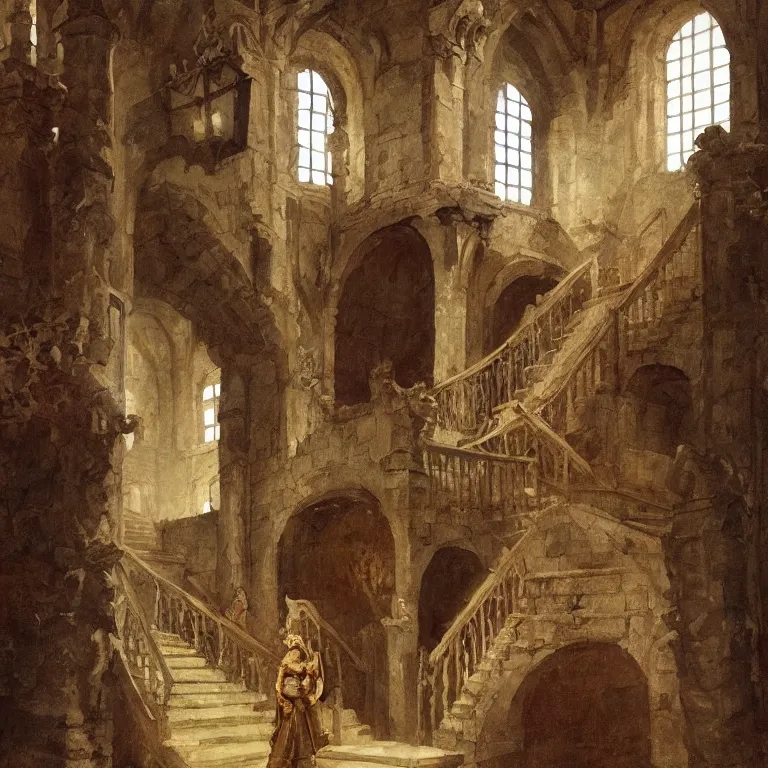 Image similar to a detailed painting of a medieval hall with statue and big staircase. fantasy poster. lord of the rings style. cinematic fantasy scene. fantasy. carl spitzweg. renaissance elements. renaissance element. oil painting. award winning. trending on artstation. 8 k