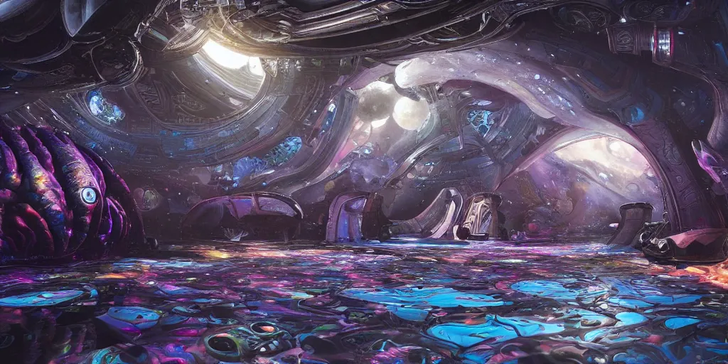 Prompt: a beautiful painting of an elaborate space sci - fi scene painted by lisa frank and giger, detailed, unreal engine, volumetric lighting, shadows, reflections