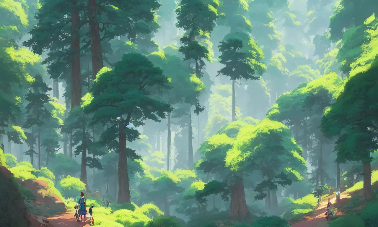 Image similar to Sequoia Park in a colorful moutain with beautiful trees ,morning , by studio ghibli painting, superior quality, masterpiece, traditional Japanese colors, by Grzegorz Rutkowski, concept art