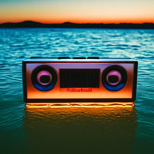 Image similar to 4 k polaroid wide angle photo of a giant stainless steel reflective boombox speaker, half submerged in water, in a desert oasis lake, at dusk, with neon lighting