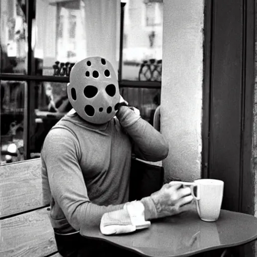 Image similar to photograph of jason voorhees having a coffee at an european caffé, light and cheerful photograph, nostalgic look