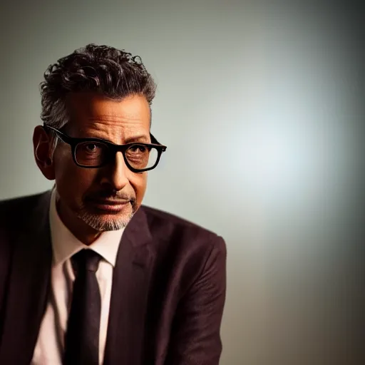 Image similar to a still of Jeff Goldblum . Shallow depth of field. City at night in background, lights, colors ,studio lighting, mood, 4K. Profession photography