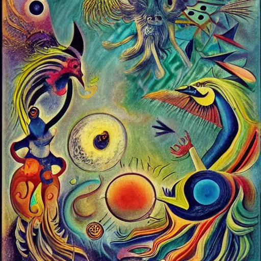 Prompt: strange mythical beasts of whimsy, surreal oil painting by Ronny Khalil and Kandinsky, drawn by Ernst Haeckel, as an offering to Zeus