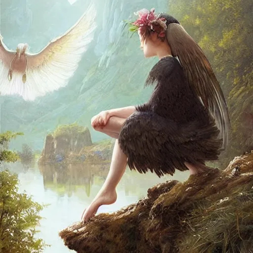 Prompt: Cute young Harpy with bird wings and legs, wearing medieval clothes, sad expression, sitting at a pond, mountainous area, trees in the background, oil painting, by Greg Rutkowski