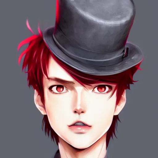 Prompt: semi realistic anime illustration of top hat wearing red haired man, with beautiful hyperdetailed eyes, facing camera directly, full face portrait made by Stanley Artgerm, WLOP, Rossdraws, James Jean Andrei Riabovitchev, Marc Simonetti, Yoshitaka Amano, Artstation