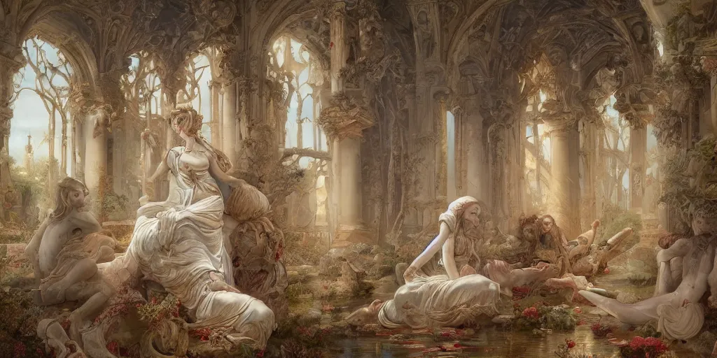 Image similar to a stunning and noble highly detailed romantic period style painting of the place where gods come into being by james jean, josep tapiro baro and harles sillem lidderdale, trending on artstation, oil painting masterpiece, symmetry, rule of thirds, mysterious