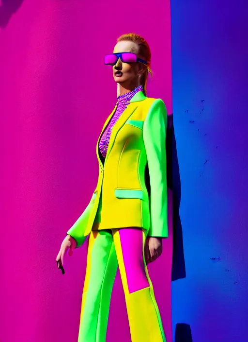 Image similar to bright trouser suit for a rave, bright colors, many details, prints, photo for a magazine, photo for a store, fashion photography, Vogue, 135 mm, cinematic, hyper realism, high detail, 8k, Two models in the frame, dynamic pose,Smooth skin, perfect face