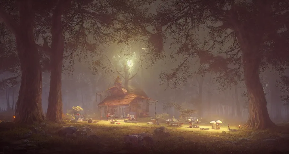 Image similar to A landscape with a quiet tavern in the middle of a forgotten magical forest, large trees, mushrooms, warm lighting, inviting, enchanting, rendered by simon stålenhag, rendered by Beeple, Makoto Shinkai, syd meade, environment concept, digital art, unreal engine, 3 point perspective, WLOP, trending on artstation, low level, 4K UHD image, octane render,