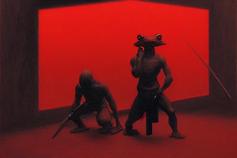 Image similar to only with red, a red samurai do seppuku, tokio, a lot of frogs watch, in the style of beksinski, parts by edward hopper, parts by rodcenko, parts by yue minjun, intricate and epic composition, red by caravaggio, insanely quality, highly detailed, masterpiece, red light, artstation, 4 k