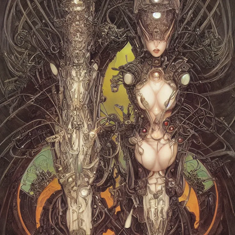 Prompt: ortrait of cool alien robot queen, symmetrical, by yoichi hatakenaka, juan gimenez, brom, karol bak, alphone mucha, gustave dore, takato yamamoto, james jean