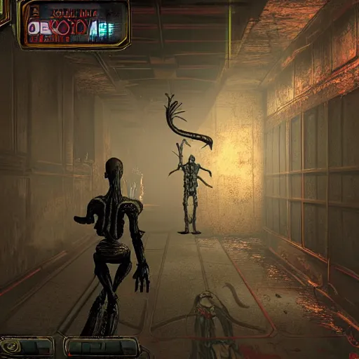 Prompt: a screenshot from the game scorn. the main character is holding a biomechanical shotgun while a 4 - legged creature lunges down a hallway towards him. in the background, a fleshy mass protrudes from the wall and strings across the ceiling.